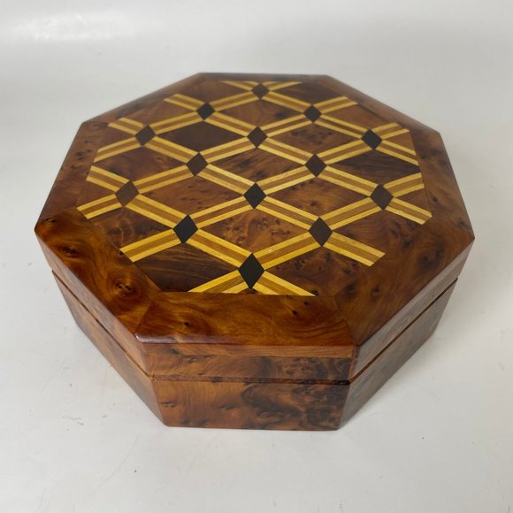 Moroccan Thuya Burl Wood Octagonal Jewelry Box Burl Wooden Inlay Box - Picture 1 of 16